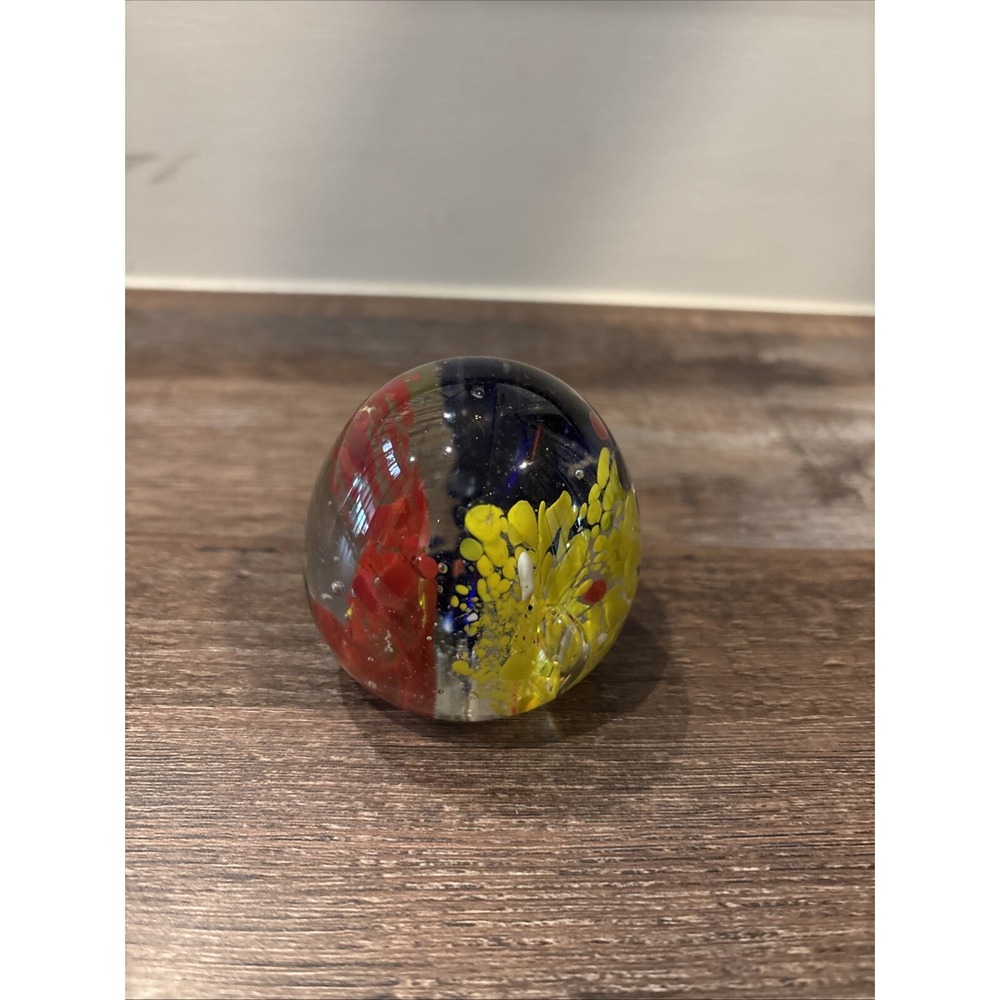 Vintage Art Glass Globe PAPERWEIGHT  - White Blooms And Red Base 2" 9.4oz